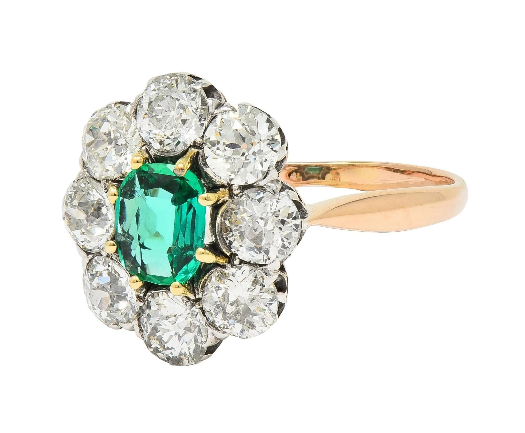 Victorian 2.69 CTW No Oil Colombian Emerald Diamond Silver 14 Karat Yellow Gold Antique Halo Ring GIA