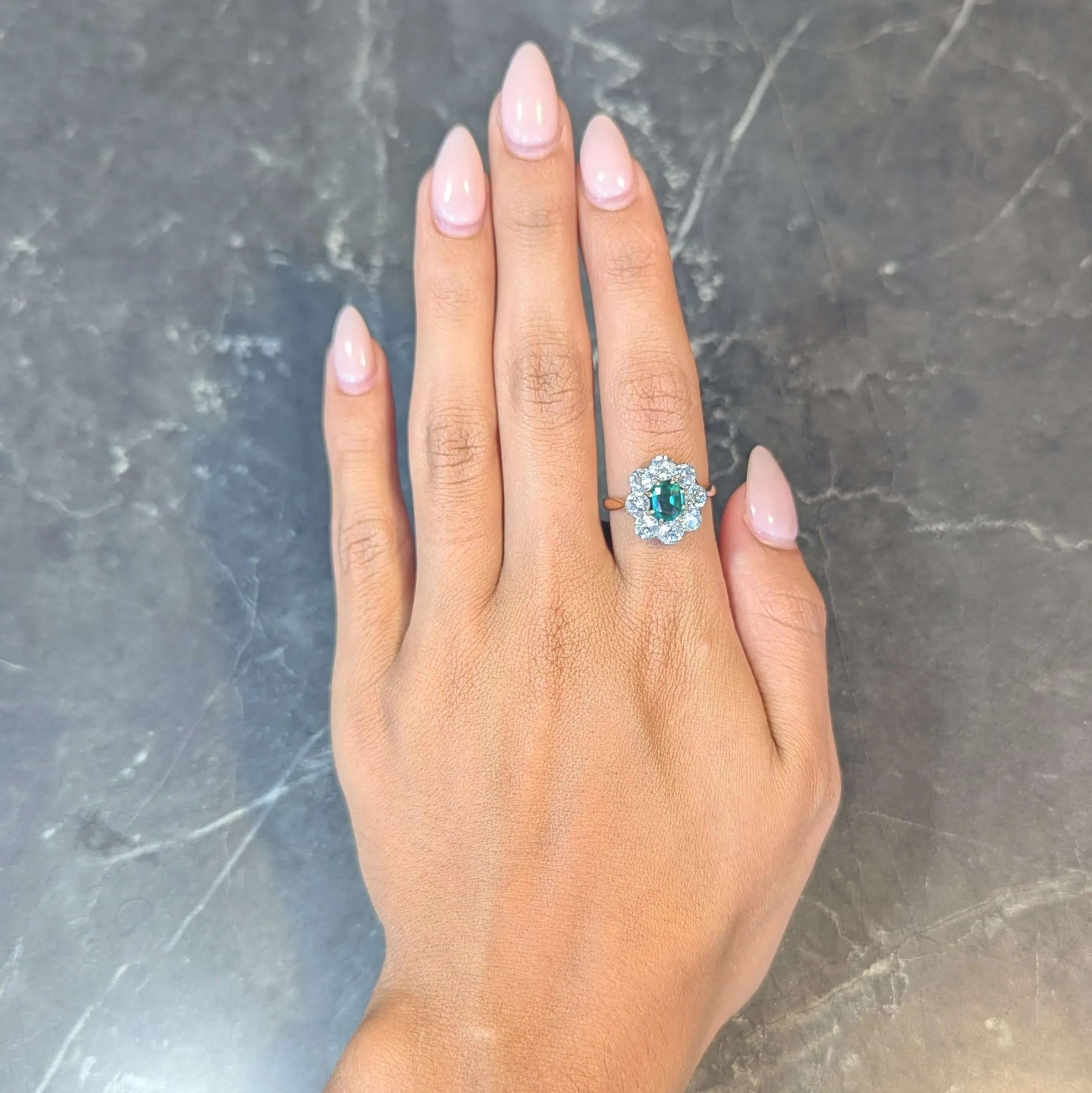 Victorian 2.69 CTW No Oil Colombian Emerald Diamond Silver 14 Karat Yellow Gold Antique Halo Ring GIA