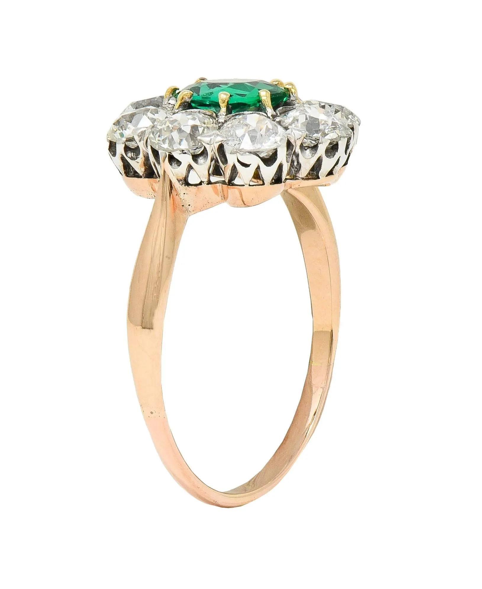 Victorian 2.69 CTW No Oil Colombian Emerald Diamond Silver 14 Karat Yellow Gold Antique Halo Ring GIA