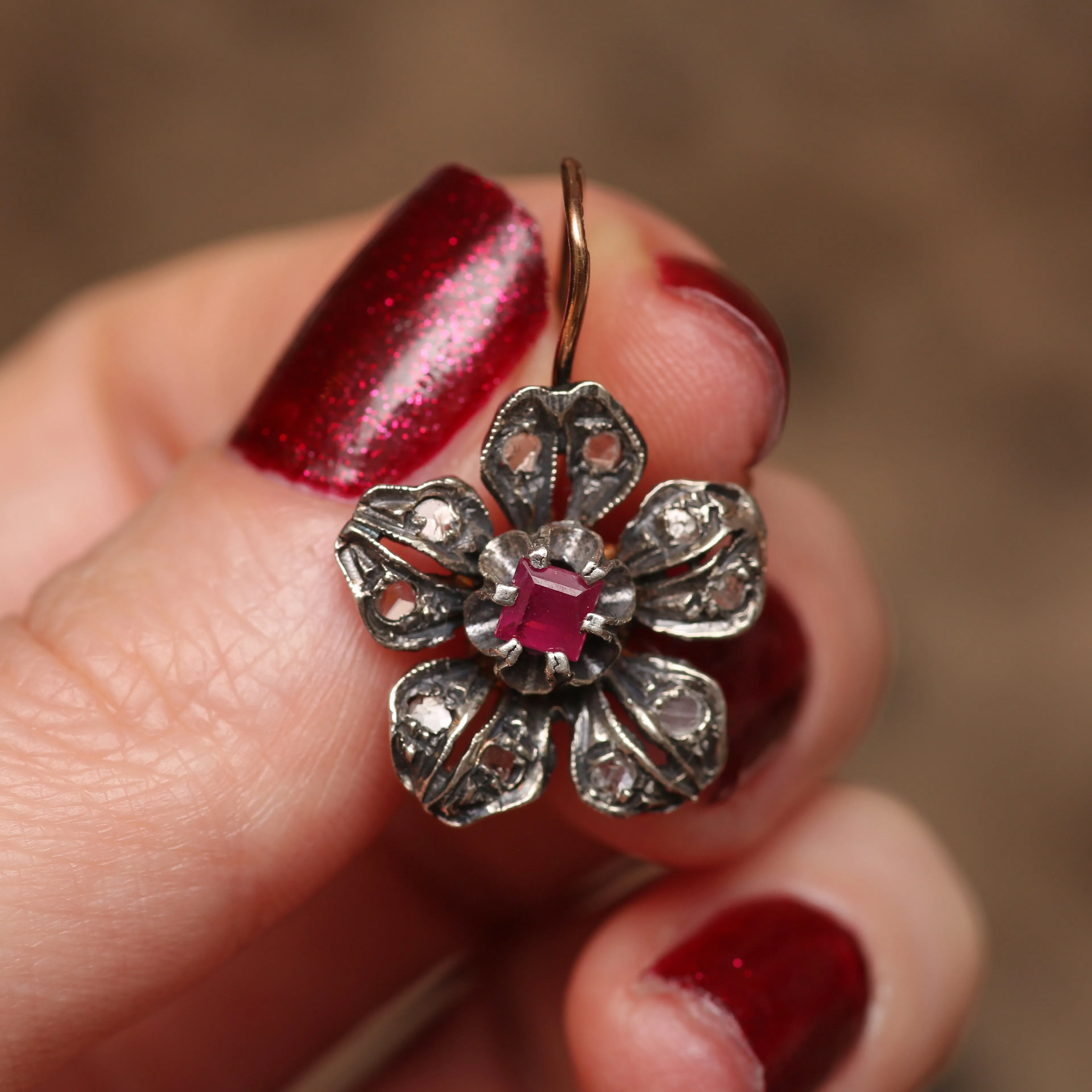 Victorian Diamond Ruby Flower Earrings
