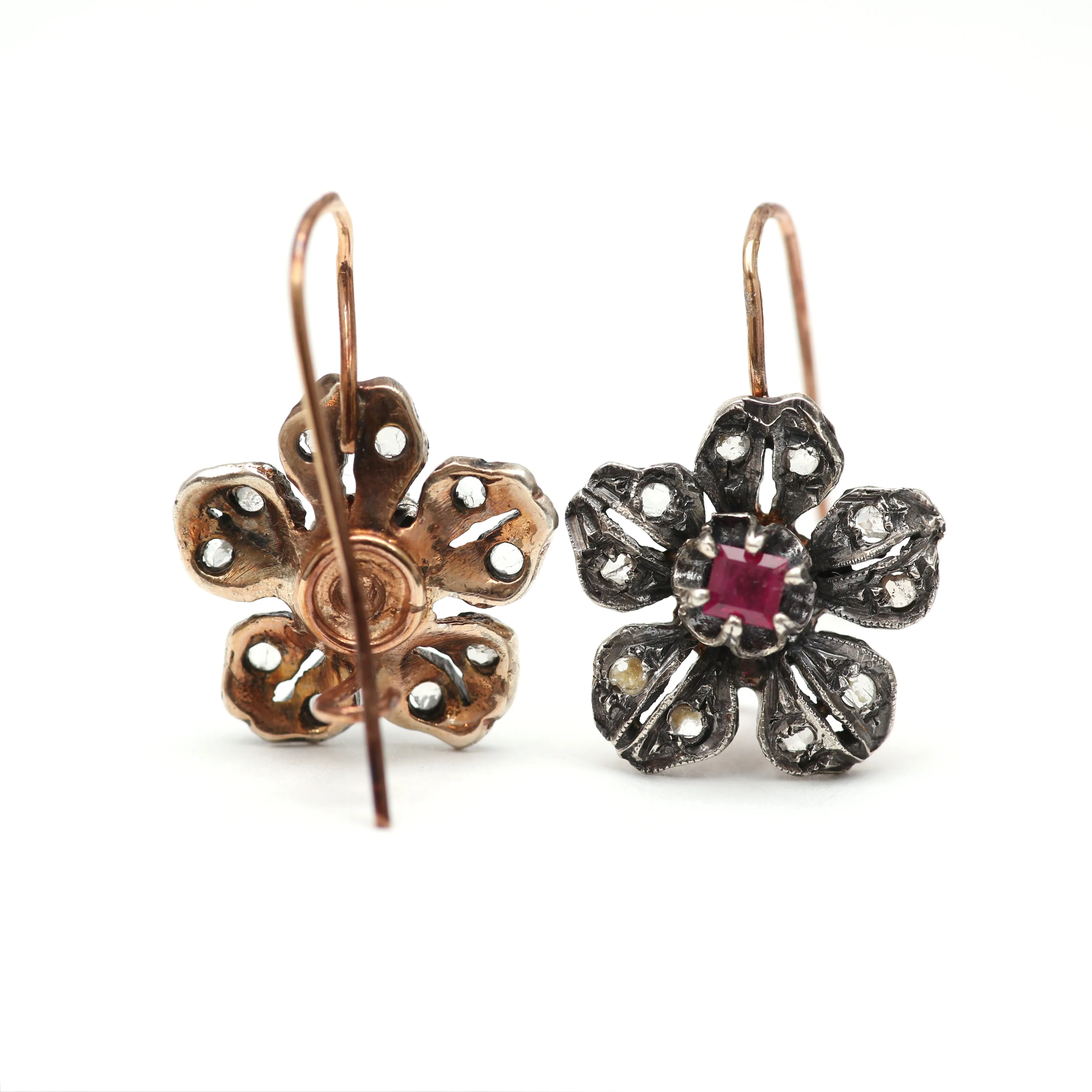 Victorian Diamond Ruby Flower Earrings