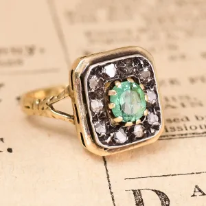 Victorian Emerald & Diamond Cushion Cluster Ring