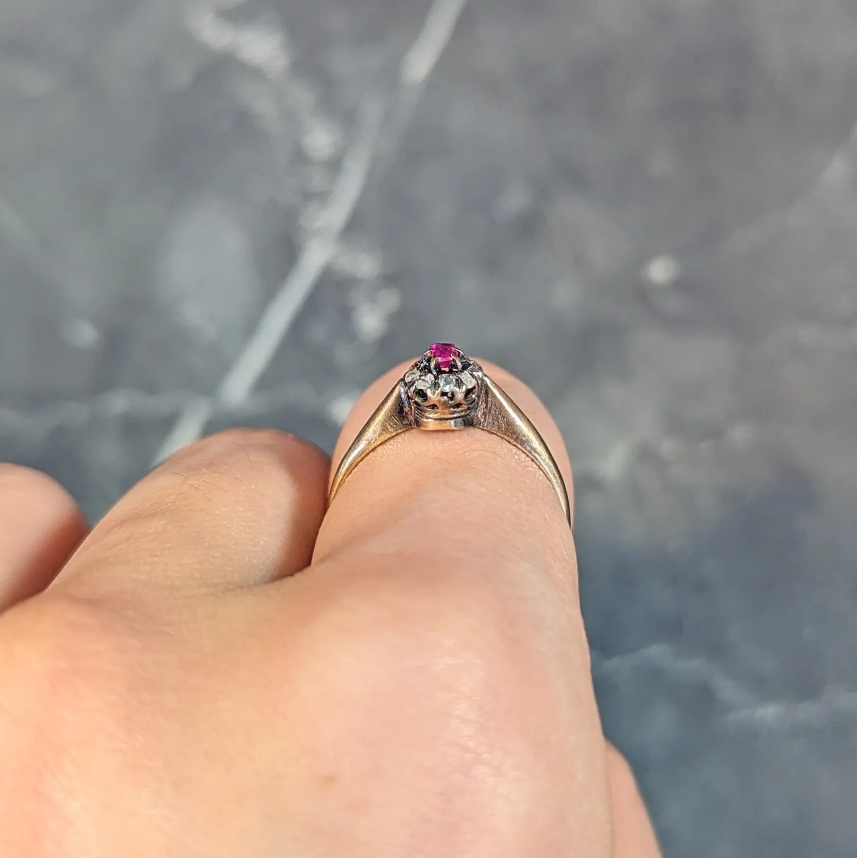 Victorian Ruby Diamond 14 Karat Yellow Gold Antique Halo Ring