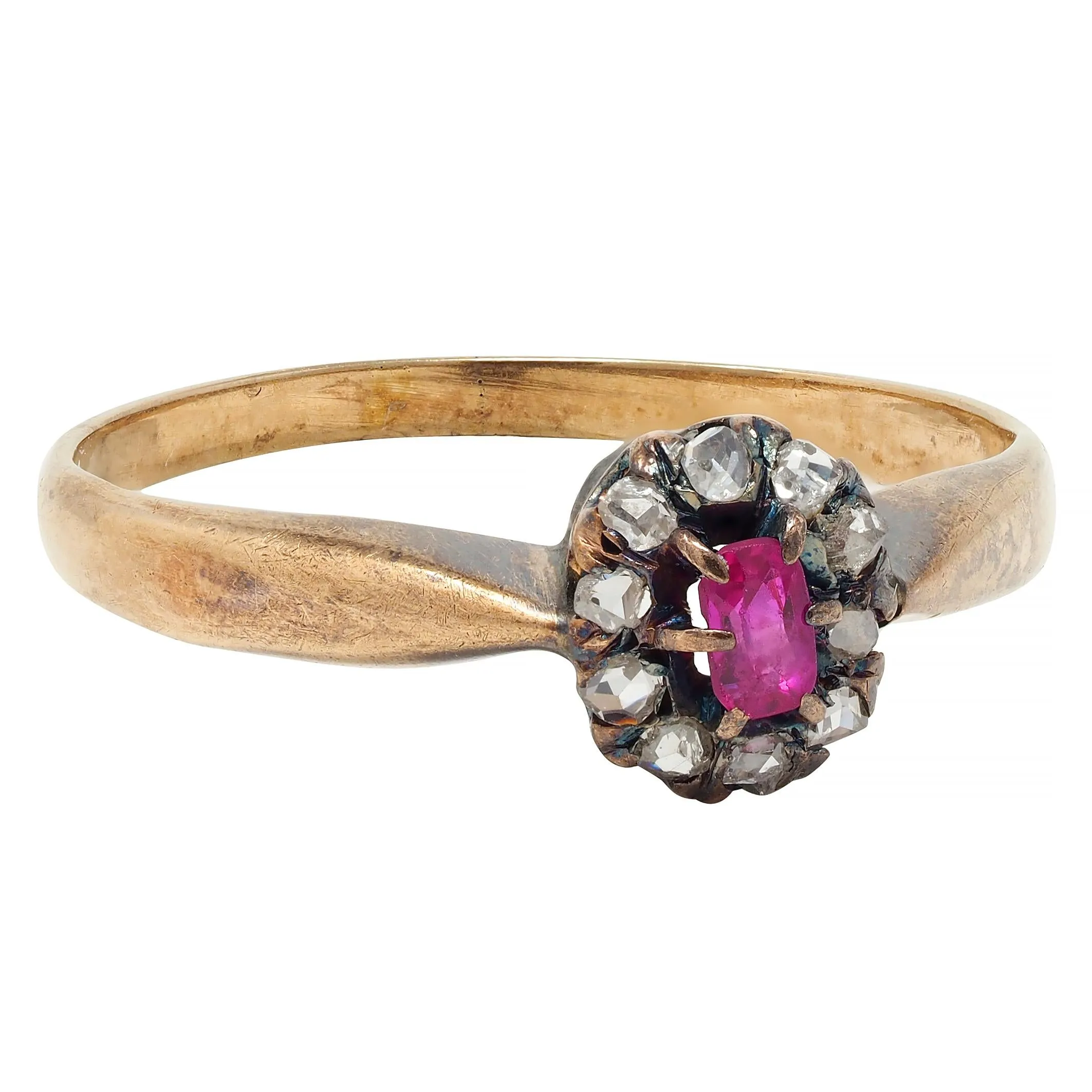 Victorian Ruby Diamond 14 Karat Yellow Gold Antique Halo Ring