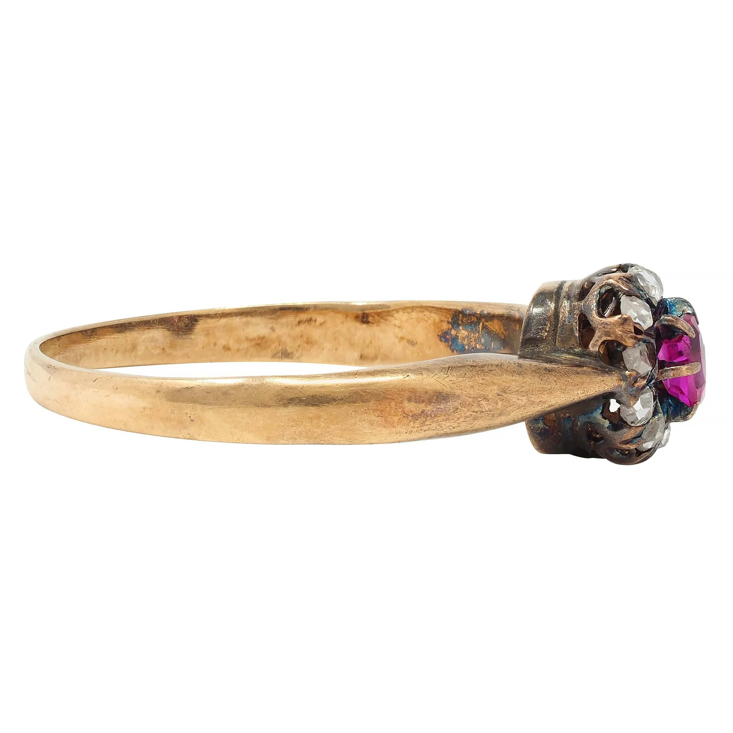 Victorian Ruby Diamond 14 Karat Yellow Gold Antique Halo Ring