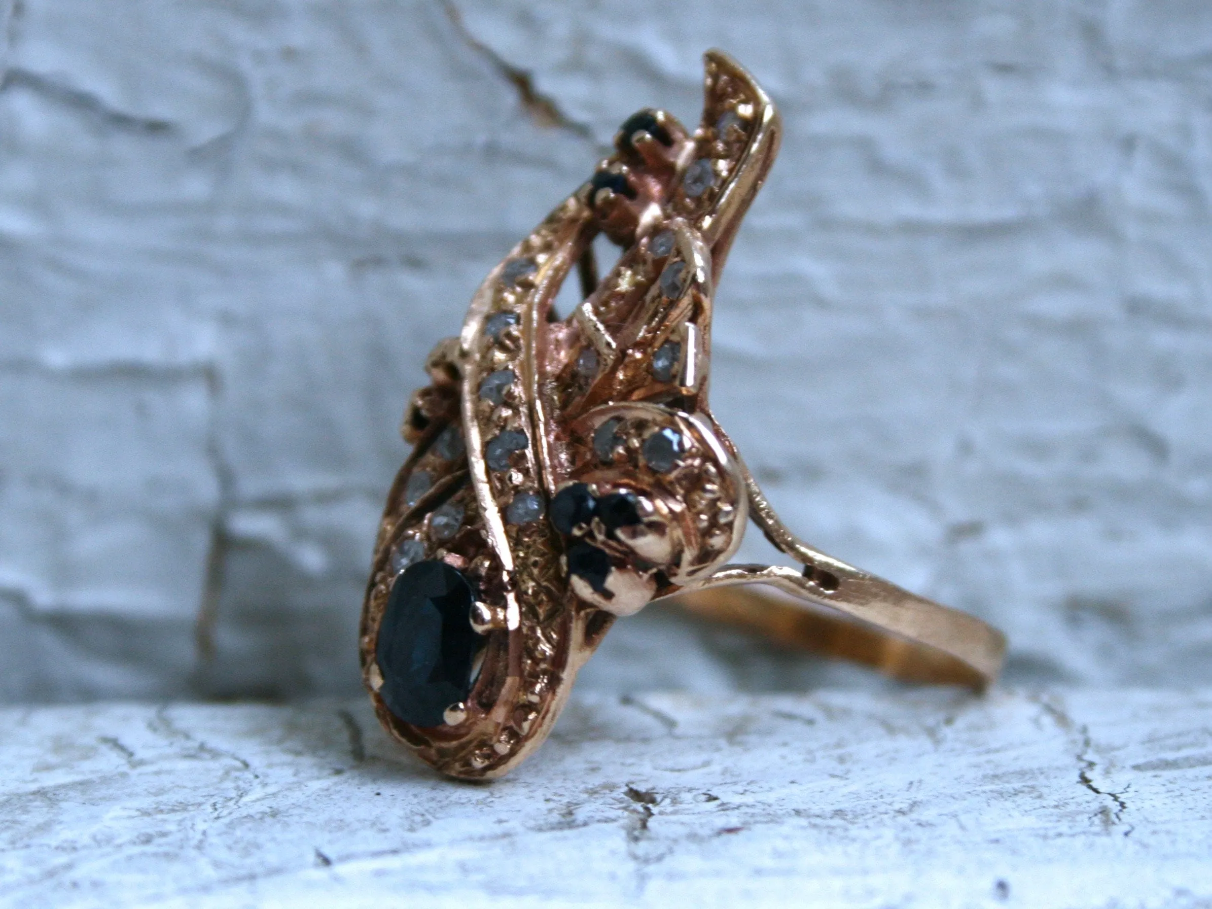 Vintage 14K Rose Gold Diamond and Sapphire Cluster Ring - 0.99ct.
