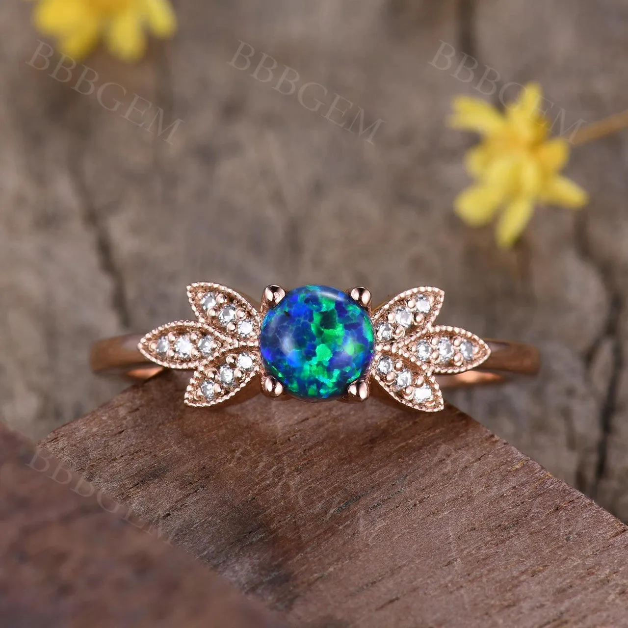 Vintage  Black Opal Nadia Diamond Engagement Ring 14K/18K Gold