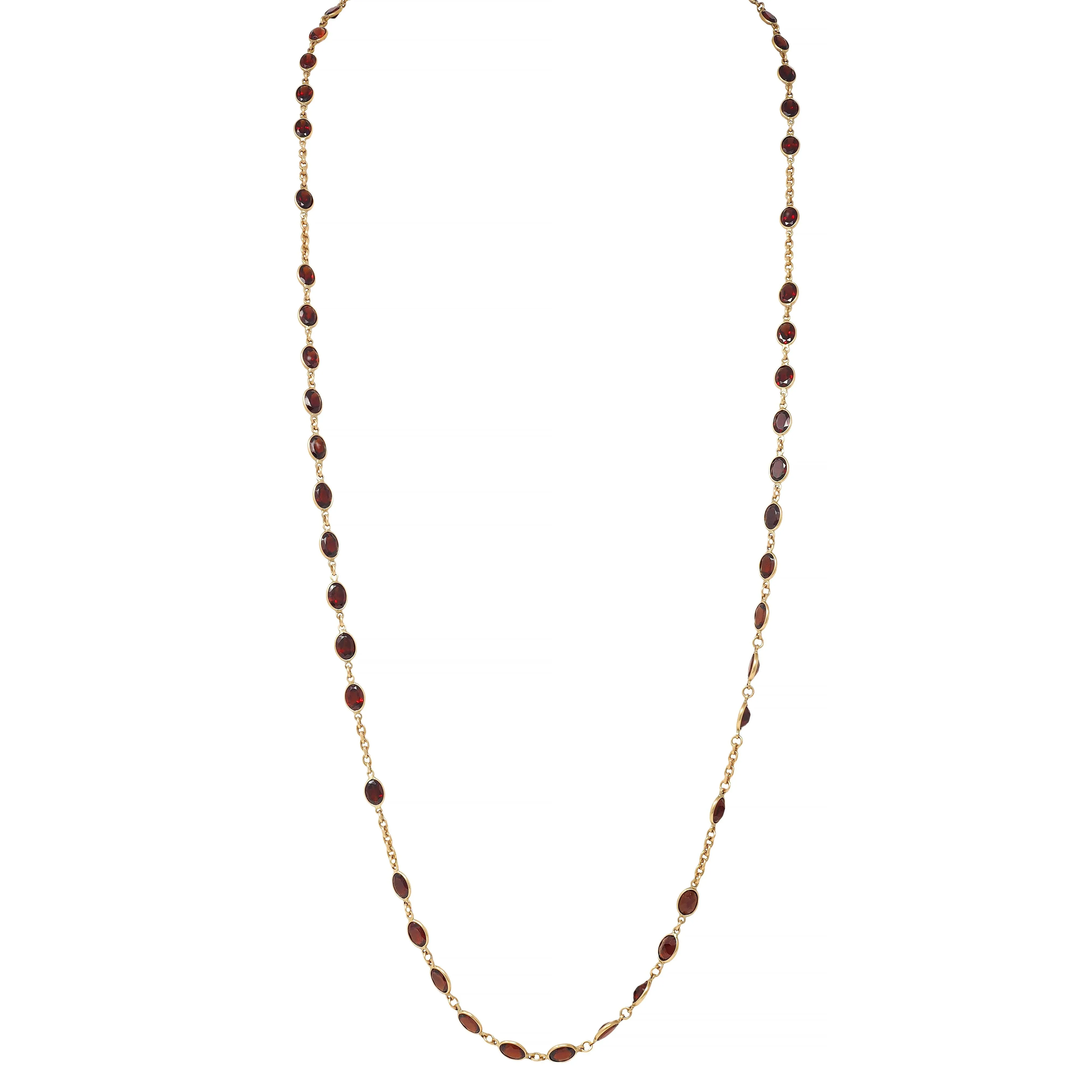 Vintage Garnet 14 Karat Yellow Gold Bezel Link Chain Necklace