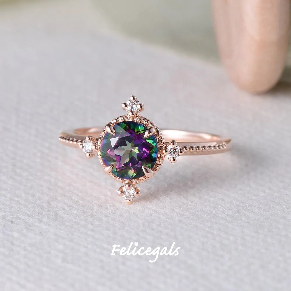 Vintage Inspired Mystic Topaz & Moissanite Rose gold Ring