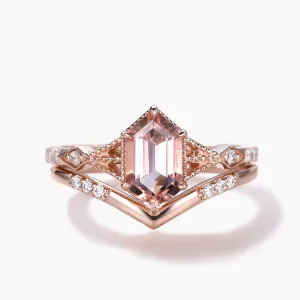Vintage Long Hexagon Morganite Engagement Ring Set Diamond Rose Gold Band Art Deco Ring For Women