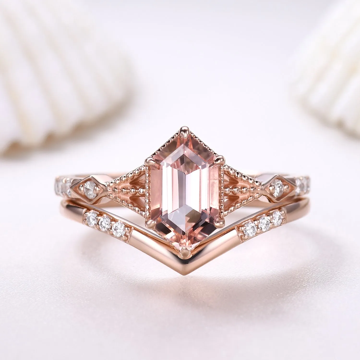 Vintage Long Hexagon Morganite Engagement Ring Set Diamond Rose Gold Band Art Deco Ring For Women