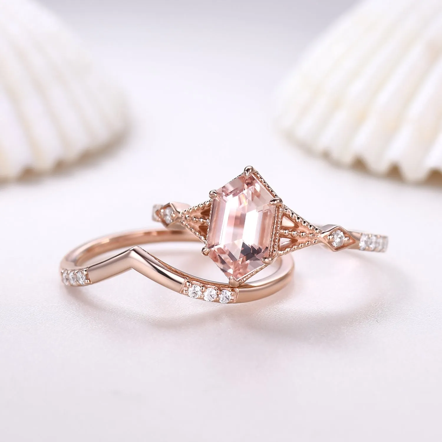Vintage Long Hexagon Morganite Engagement Ring Set Diamond Rose Gold Band Art Deco Ring For Women