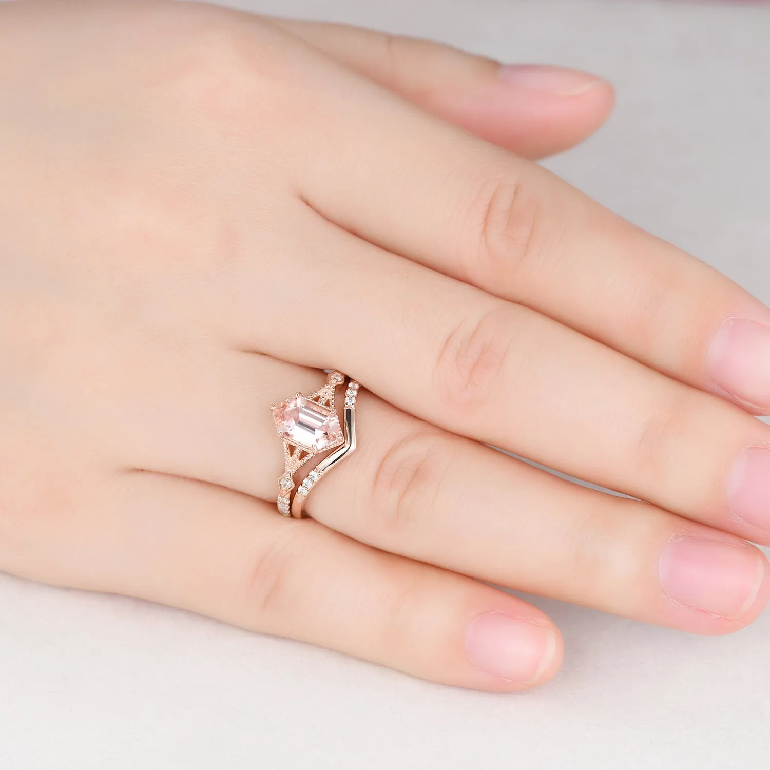 Vintage Long Hexagon Morganite Engagement Ring Set Diamond Rose Gold Band Art Deco Ring For Women