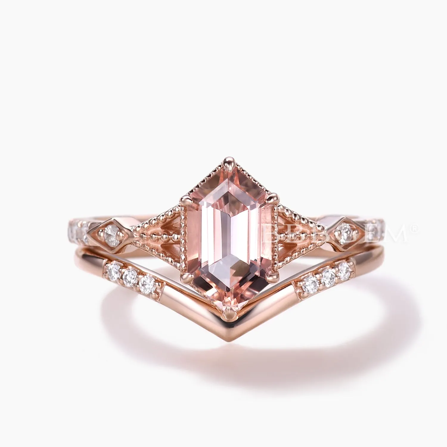 Vintage Long Hexagon Morganite Engagement Ring Set Diamond Rose Gold Band Art Deco Ring For Women