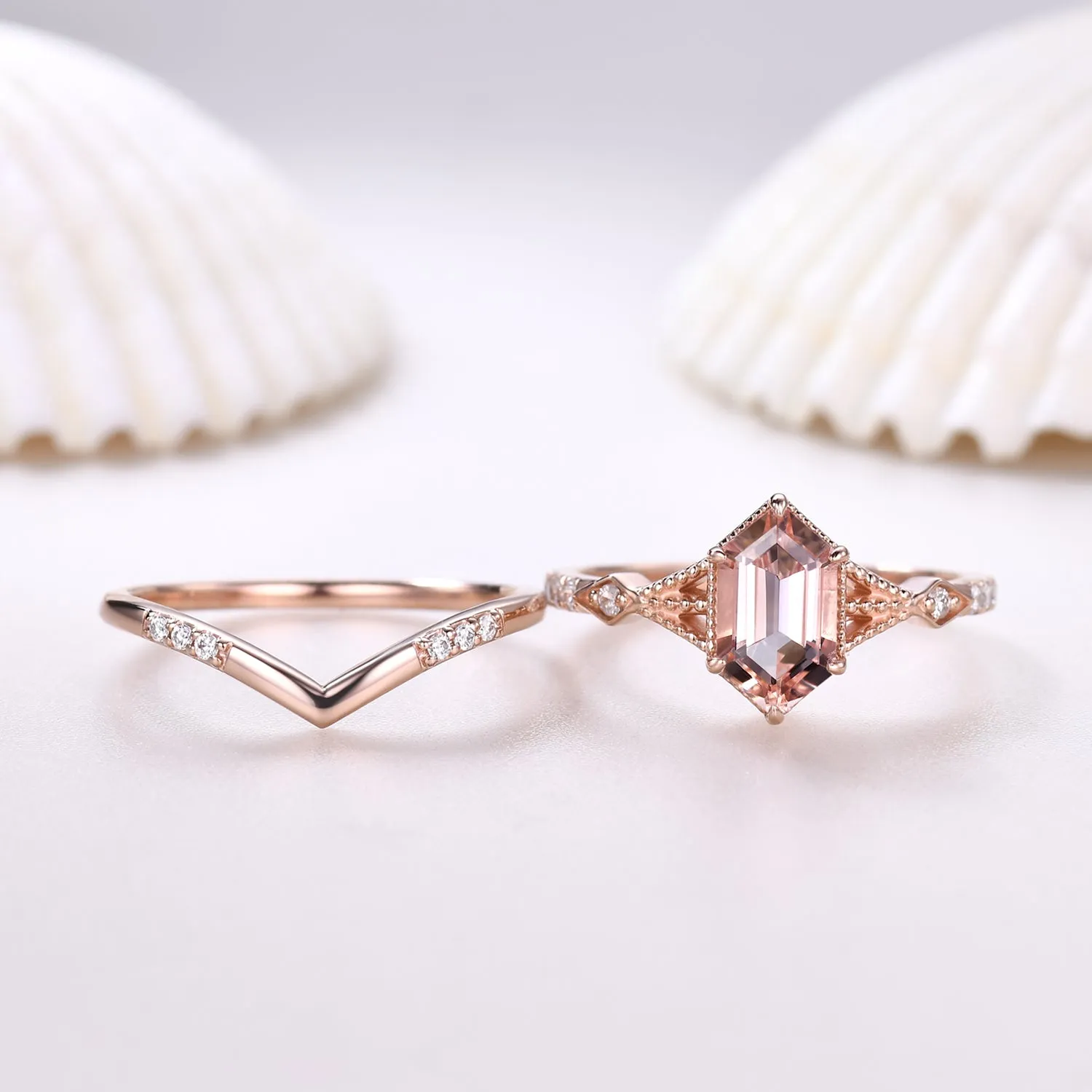 Vintage Long Hexagon Morganite Engagement Ring Set Diamond Rose Gold Band Art Deco Ring For Women