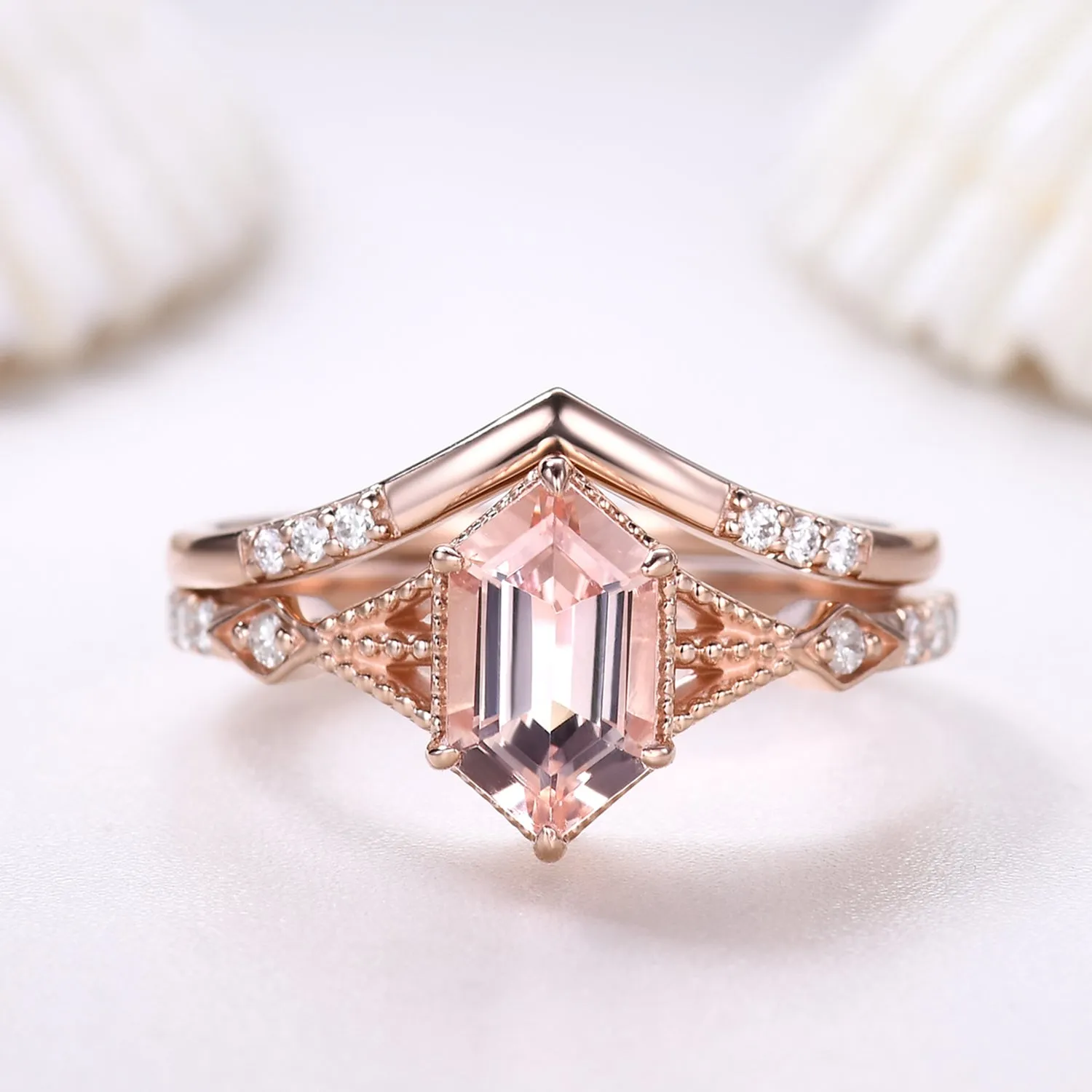 Vintage Long Hexagon Morganite Engagement Ring Set Diamond Rose Gold Band Art Deco Ring For Women