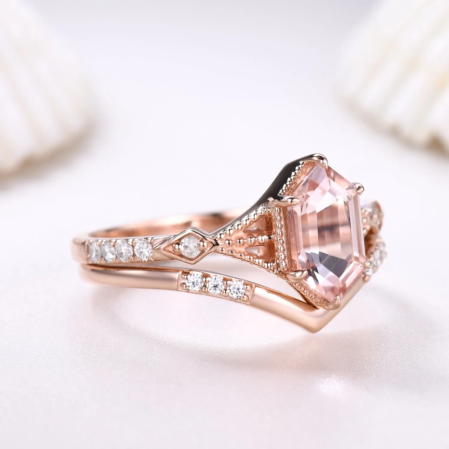 Vintage Long Hexagon Morganite Engagement Ring Set Diamond Rose Gold Band Art Deco Ring For Women