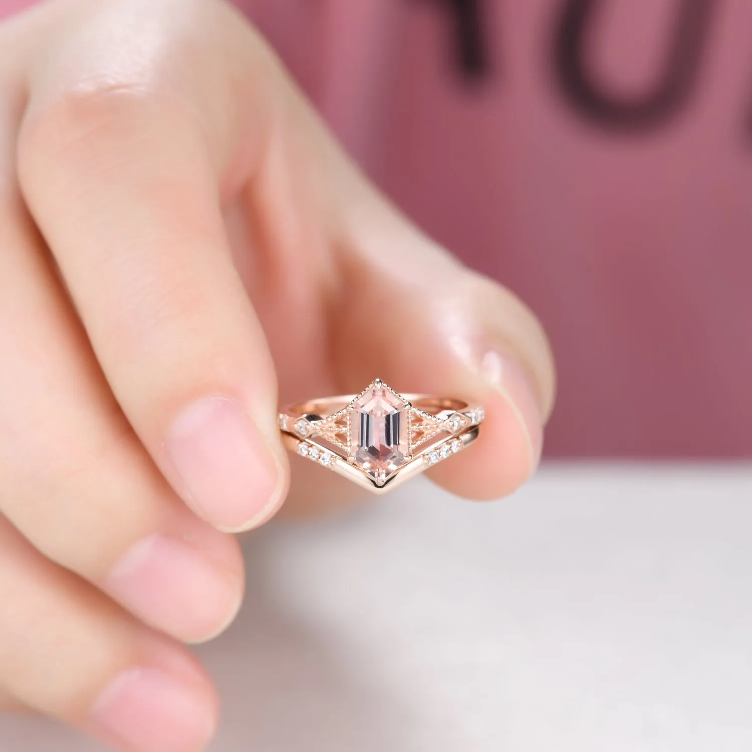 Vintage Long Hexagon Morganite Engagement Ring Set Diamond Rose Gold Band Art Deco Ring For Women