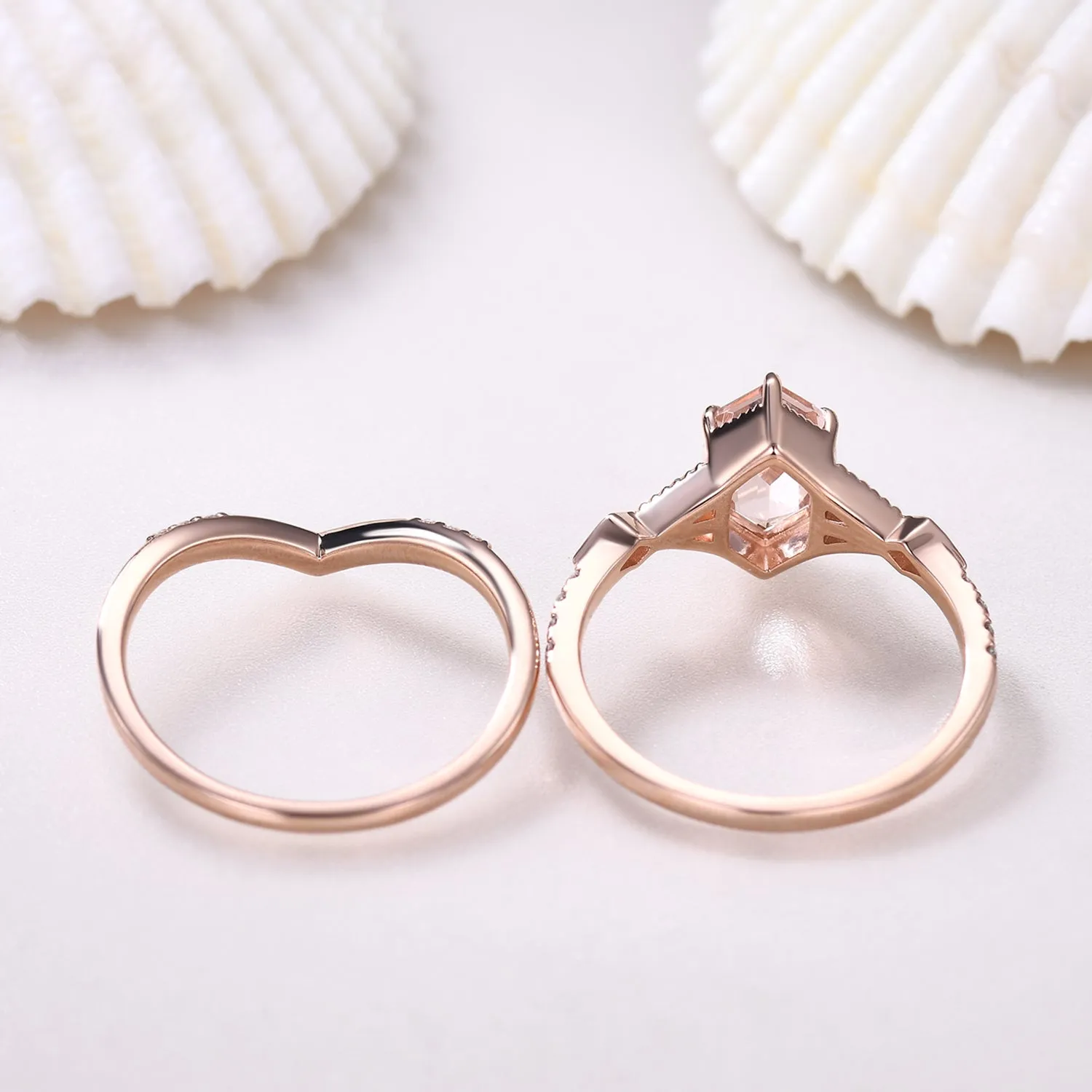 Vintage Long Hexagon Morganite Engagement Ring Set Diamond Rose Gold Band Art Deco Ring For Women