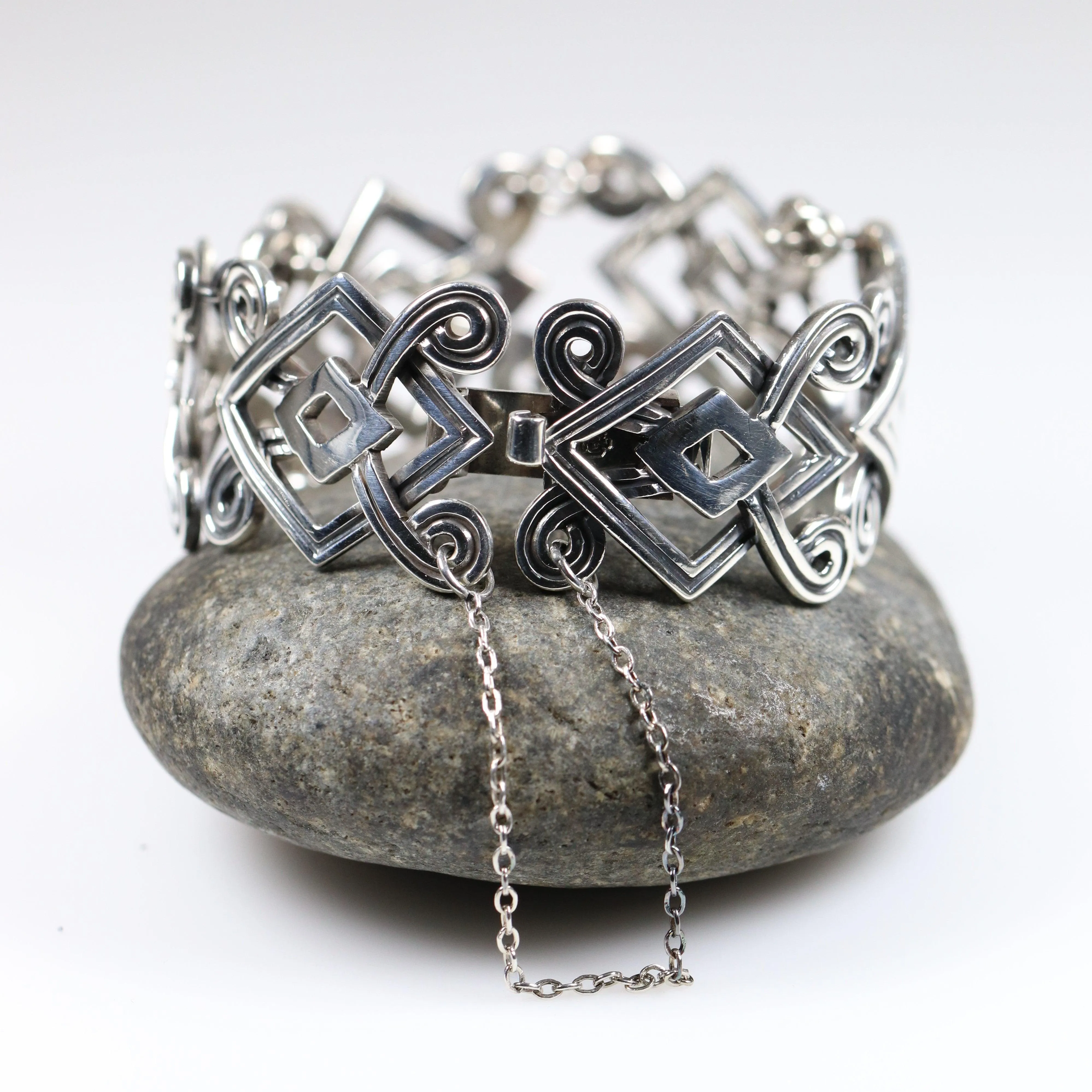 Vintage Silver Mexican Jewelry | Geometric Handcrafted Bracelet