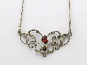 Vintage Sterling Silver Art Nouveau Style Garnet & Marcasite Necklace