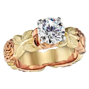 Vintage Style Pink and Green Gold Rose and Leaf Engagement Ring Grand Version