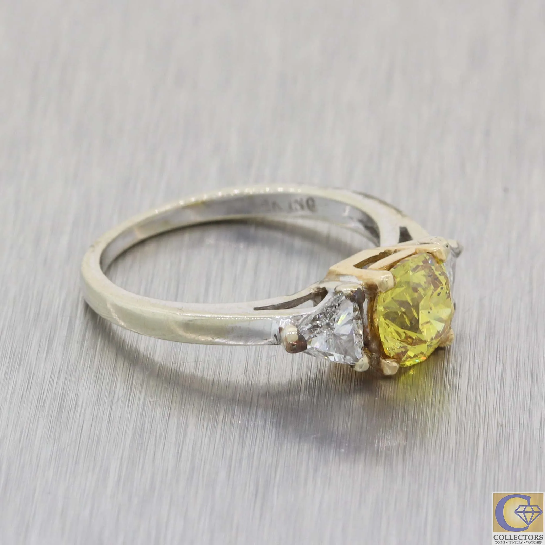 Vtg. Estate 14k White Gold 1.86ctw Fancy Yellow Trillion Diamond Engagement Ring