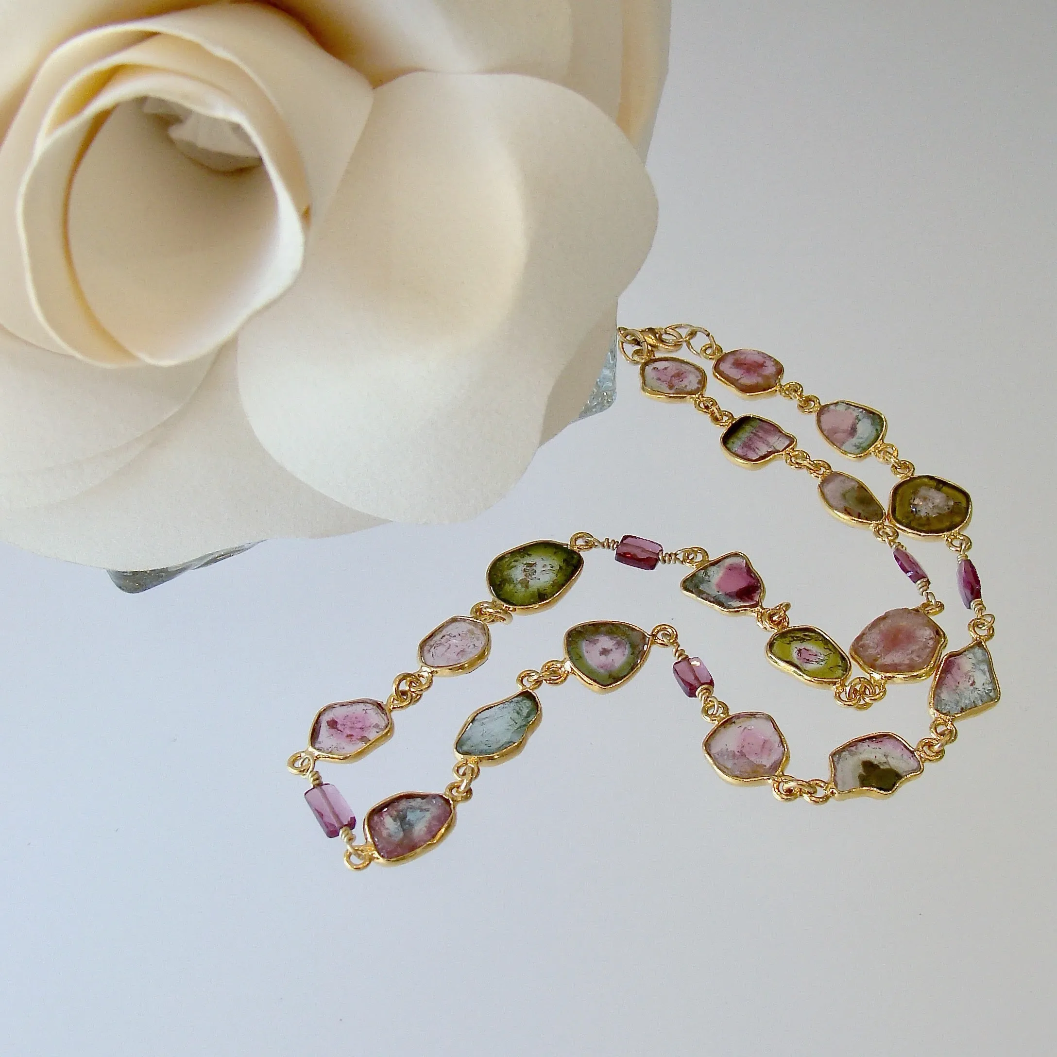 Watermelon Tourmaline Slices & Rhodolite Garnet Necklace - Anastasia Necklace