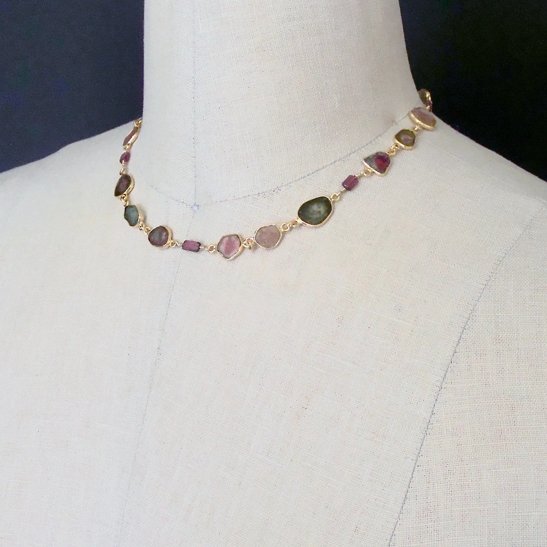 Watermelon Tourmaline Slices & Rhodolite Garnet Necklace - Anastasia Necklace