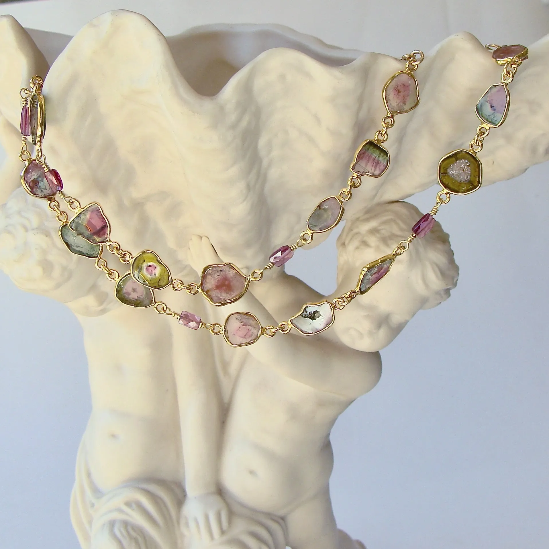 Watermelon Tourmaline Slices & Rhodolite Garnet Necklace - Anastasia Necklace