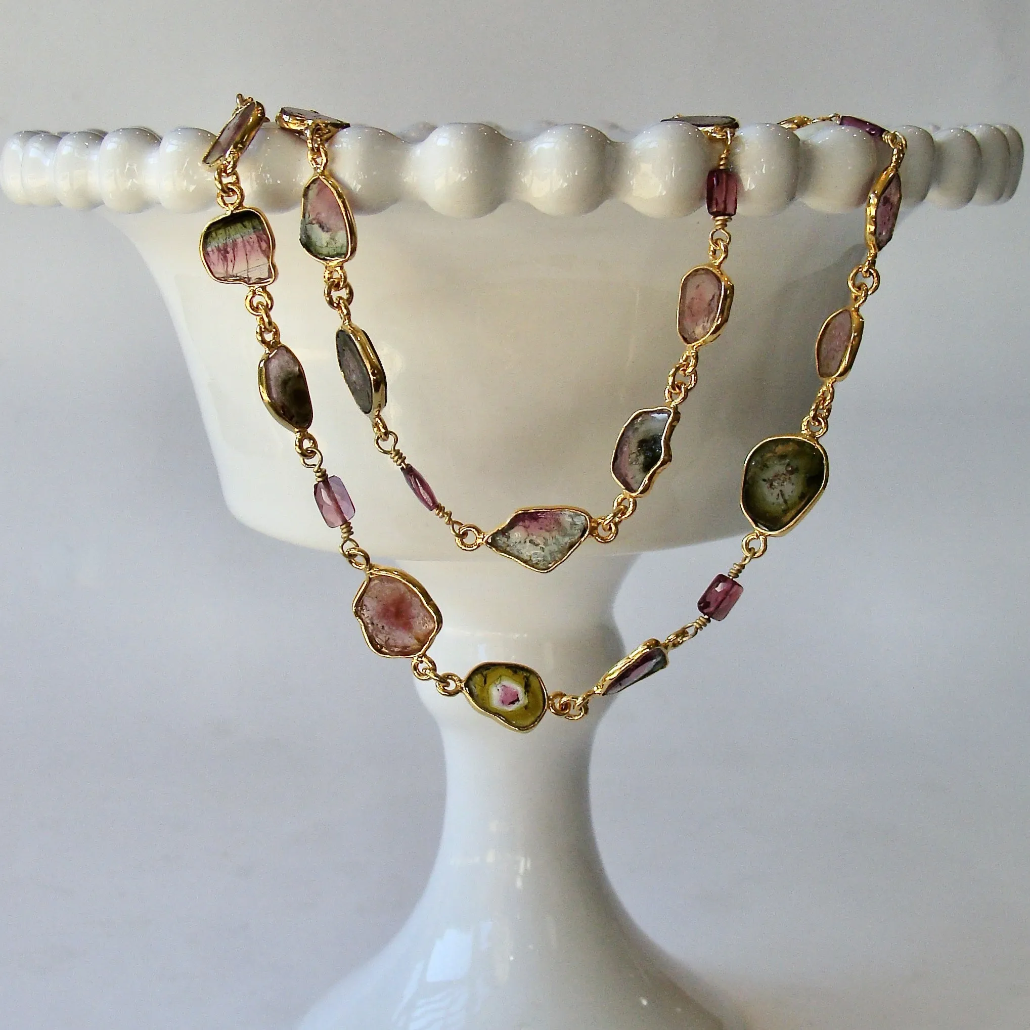 Watermelon Tourmaline Slices & Rhodolite Garnet Necklace - Anastasia Necklace