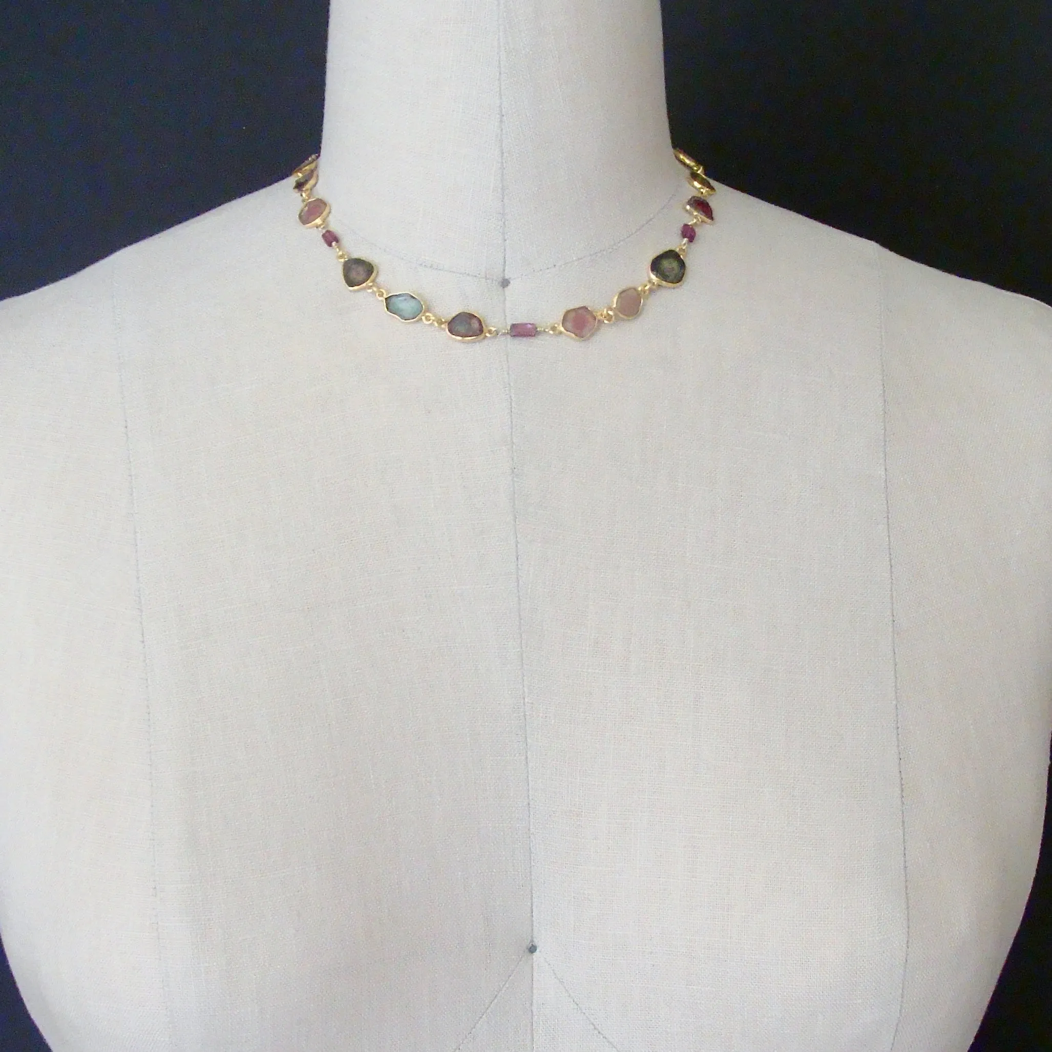 Watermelon Tourmaline Slices & Rhodolite Garnet Necklace - Anastasia Necklace