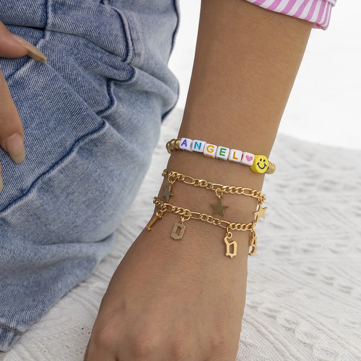 White Acrylic & 18K Gold-Plated 'Love Angel' Beaded Stretch Bracelet Set