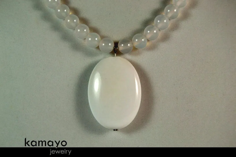 WHITE CHALCEDONY NECKLACE - Large Oval Pendant and Translucent Round Beads