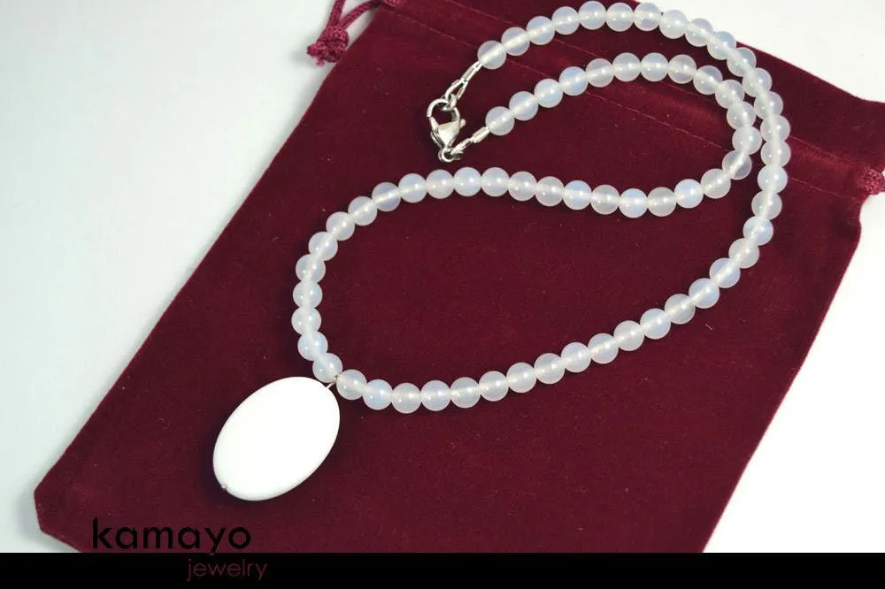 WHITE CHALCEDONY NECKLACE - Large Oval Pendant and Translucent Round Beads