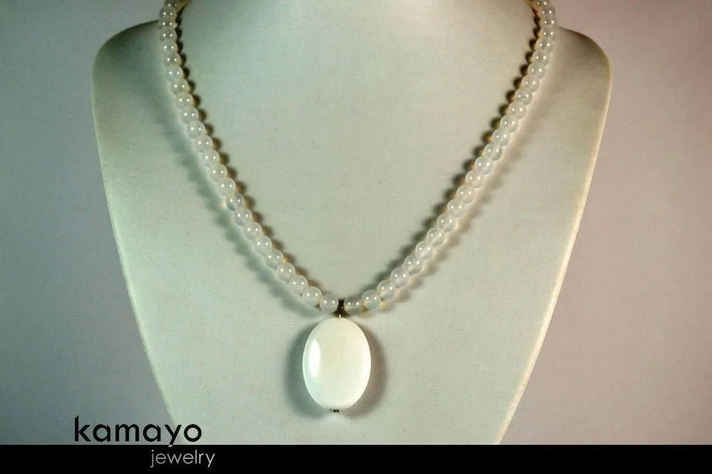 WHITE CHALCEDONY NECKLACE - Large Oval Pendant and Translucent Round Beads