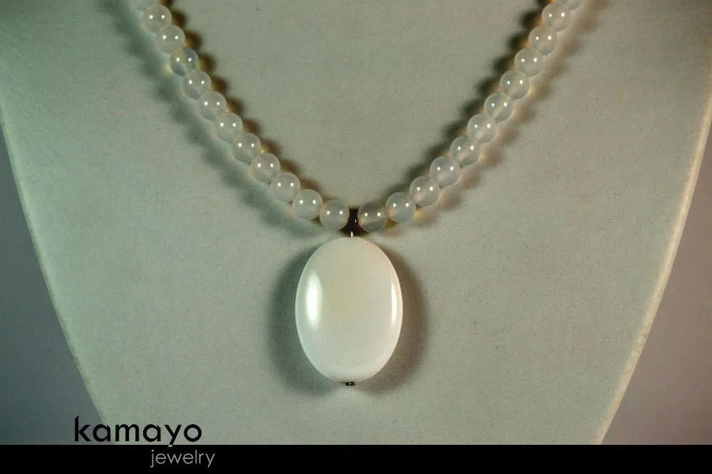 WHITE CHALCEDONY NECKLACE - Large Oval Pendant and Translucent Round Beads