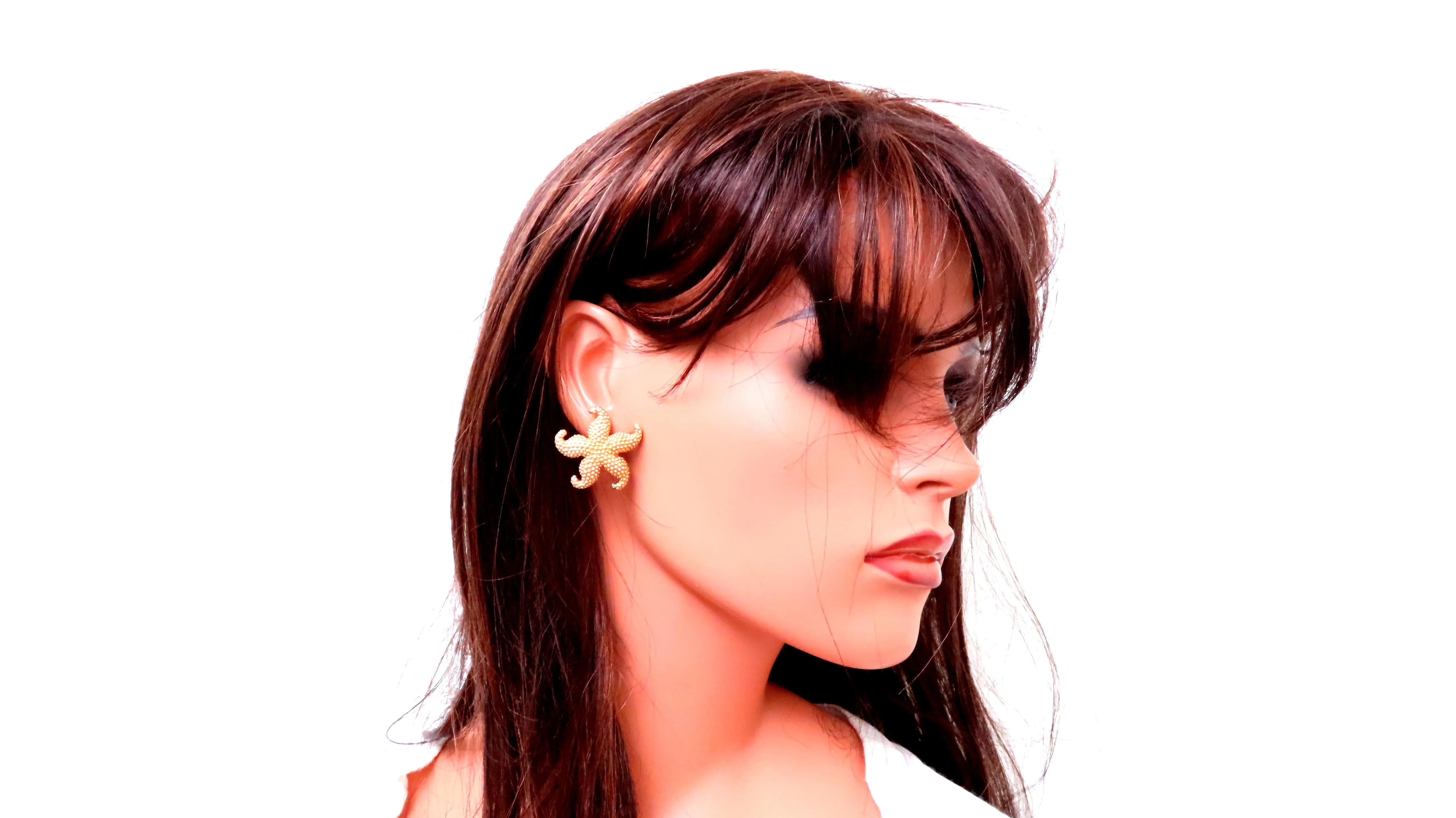 Wide Bahamas Star Fish Coral Beaded Earrings 14kt Gold 12580