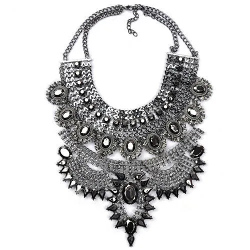 Women Necklace Pendant Bib Statement Collar Vintage Choker Big Chunky Black Maxi Silver Crystal