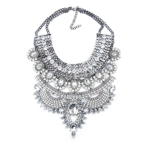 Women Necklace Pendant Bib Statement Collar Vintage Choker Big Chunky Black Maxi Silver Crystal