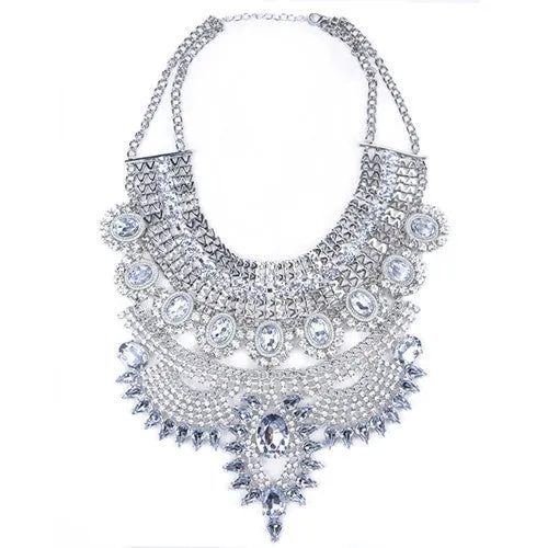 Women Necklace Pendant Bib Statement Collar Vintage Choker Big Chunky Black Maxi Silver Crystal