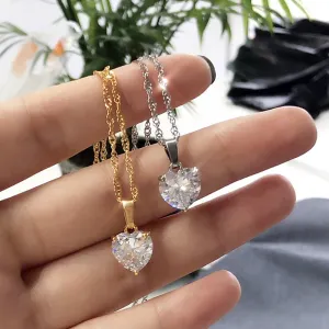 Women Stainless Steel Gold Chain Zircon Heart Pendant Necklace
