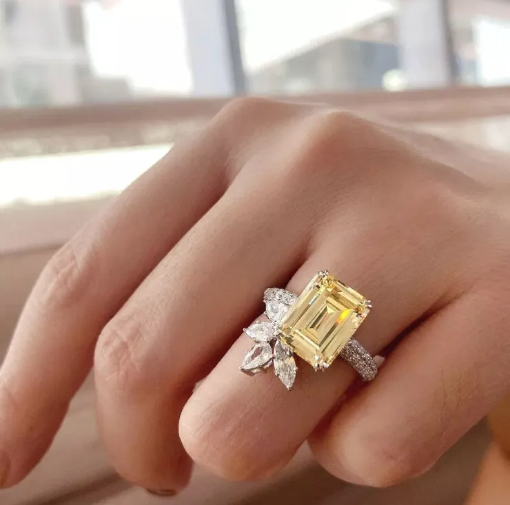 Womens Ring | Emerald Diamond Ring | Emerald Engagement Ring | Yellow Diamond Ring | Baguette Ring | Womens Engagement Ring | Cushion Ring