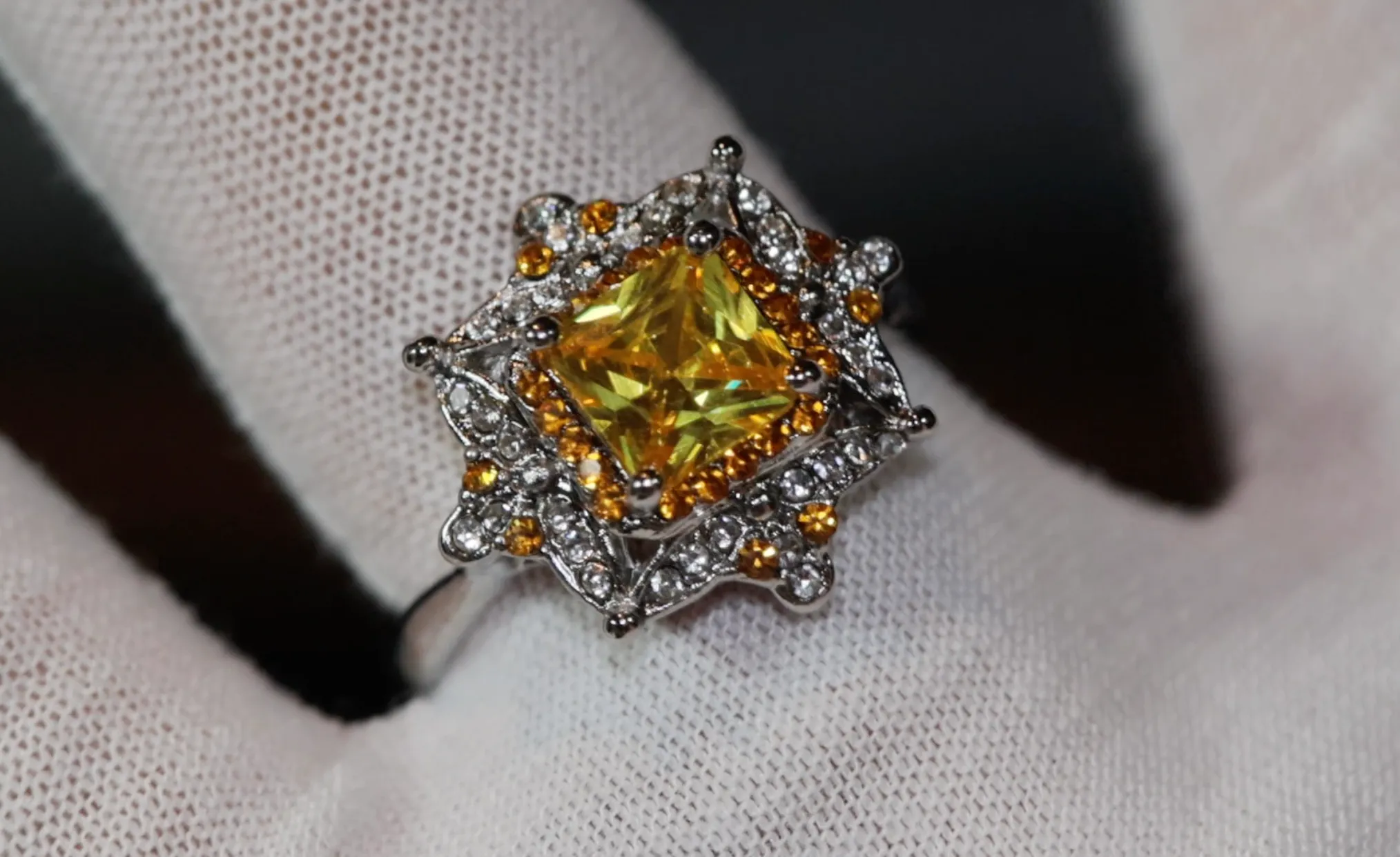 Yellow Diamond Ring | Yellow Diamond Engagement Rings | Princess Cut Diamond Ring | Baguette Ring | Womens Engagement Ring | Yellow Ring