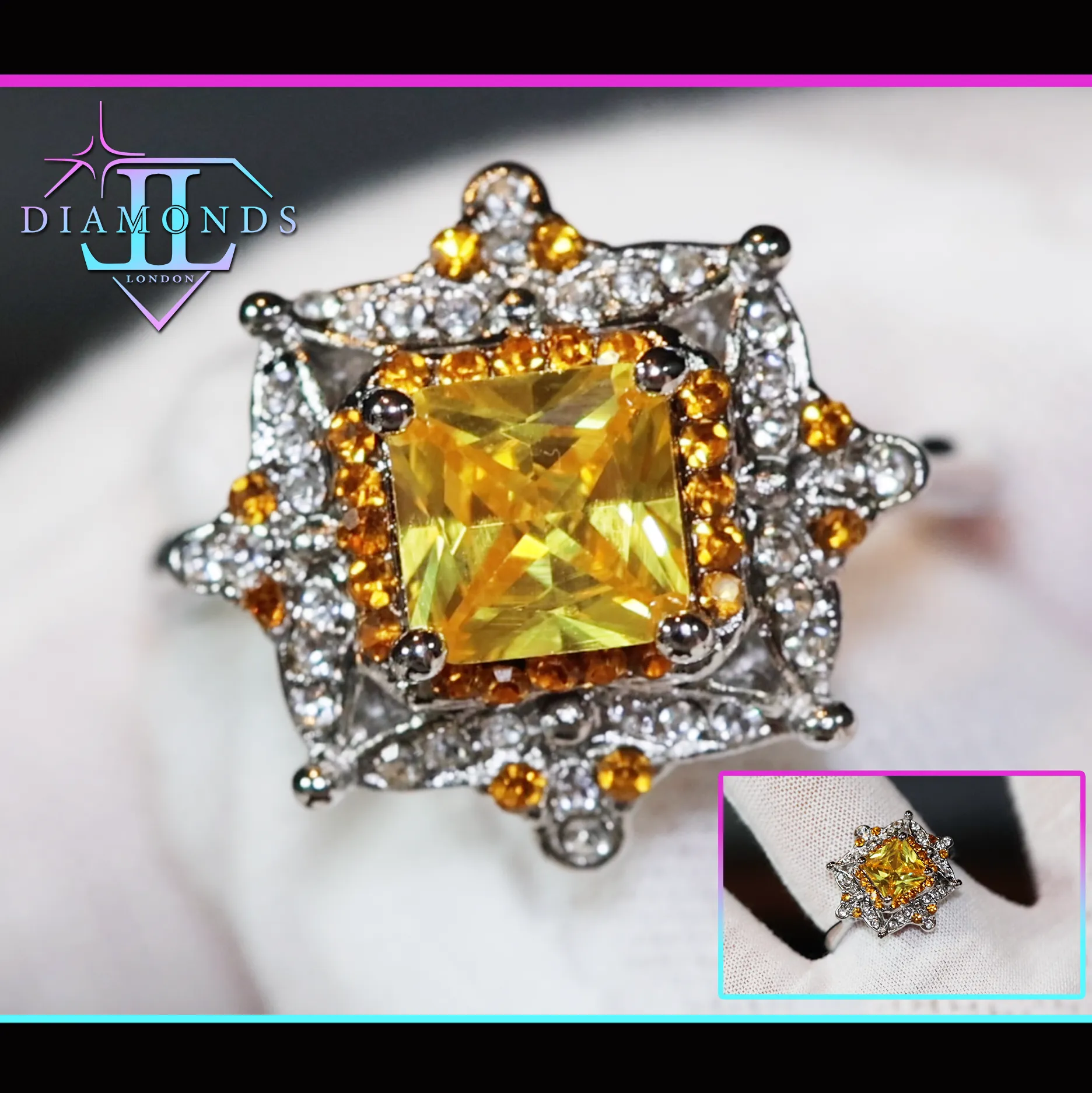 Yellow Diamond Ring | Yellow Diamond Engagement Rings | Princess Cut Diamond Ring | Baguette Ring | Womens Engagement Ring | Yellow Ring