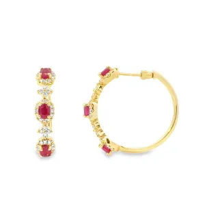 Yellow Gold Ruby and Diamnd Hoop Earrings
