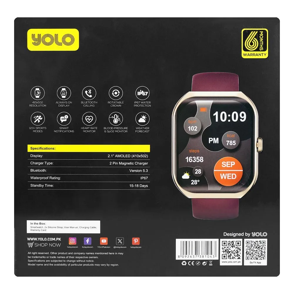 Yolo 2.1" Amoled Display Supreme  Smart Watch, IP67 Water Resistance, Gold, Maroon Strap