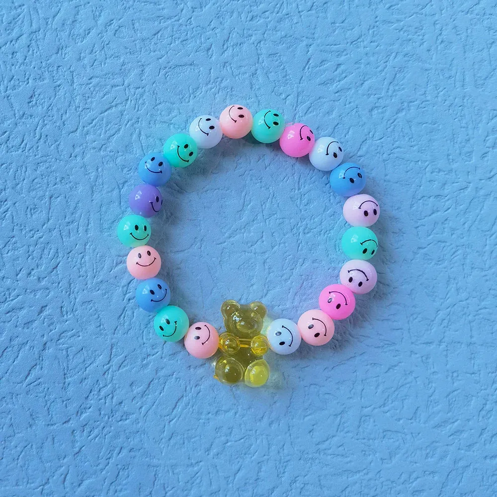ZX Handmade Similey Face Beads Chain Charm Bracelet for Women Girls INS Cute Transparent Bear Bracelet Adjustable Chain Bracelet