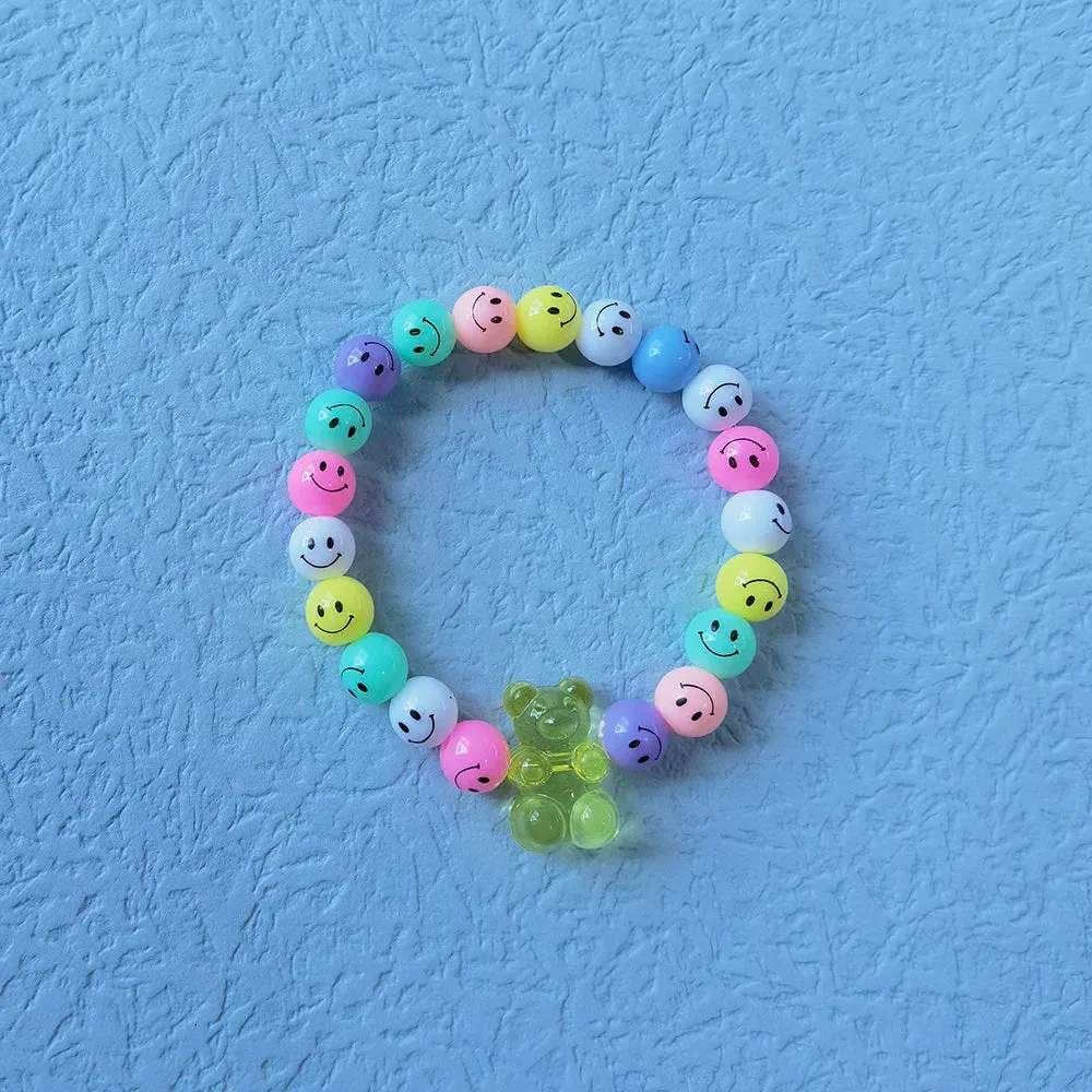 ZX Handmade Similey Face Beads Chain Charm Bracelet for Women Girls INS Cute Transparent Bear Bracelet Adjustable Chain Bracelet