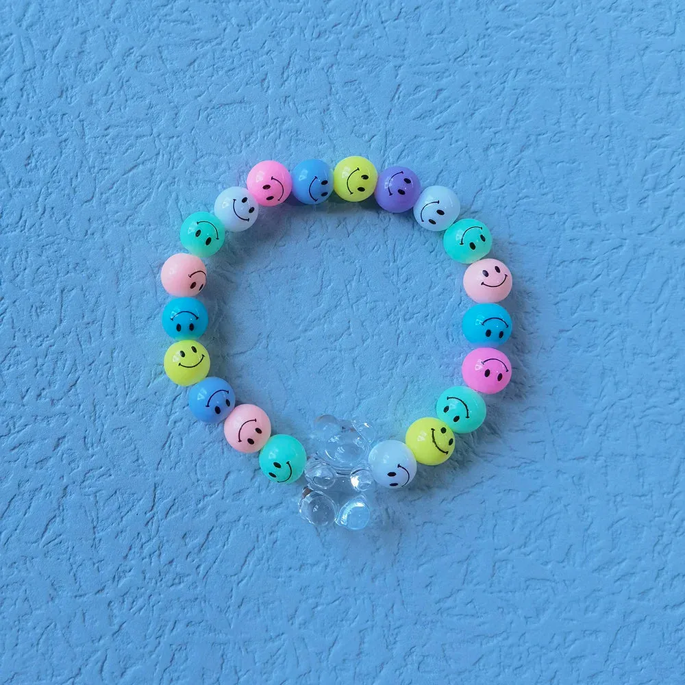 ZX Handmade Similey Face Beads Chain Charm Bracelet for Women Girls INS Cute Transparent Bear Bracelet Adjustable Chain Bracelet